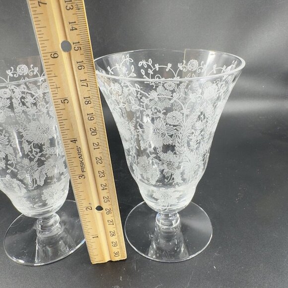Antique Tiffin Franciscan June Nights Clear Etched Floral Goblet Glasses Set 2 - Picture 7 of 11